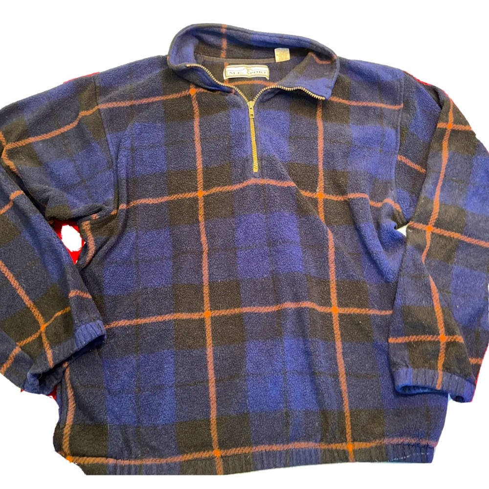BLUE tan wide box PLAID FLEECE Sweater Jacket Mens 1/4 Zip WINDOW PANE large Lg